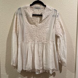 Cream Peplum Blouse with Bell Sleeves and Bib Collar